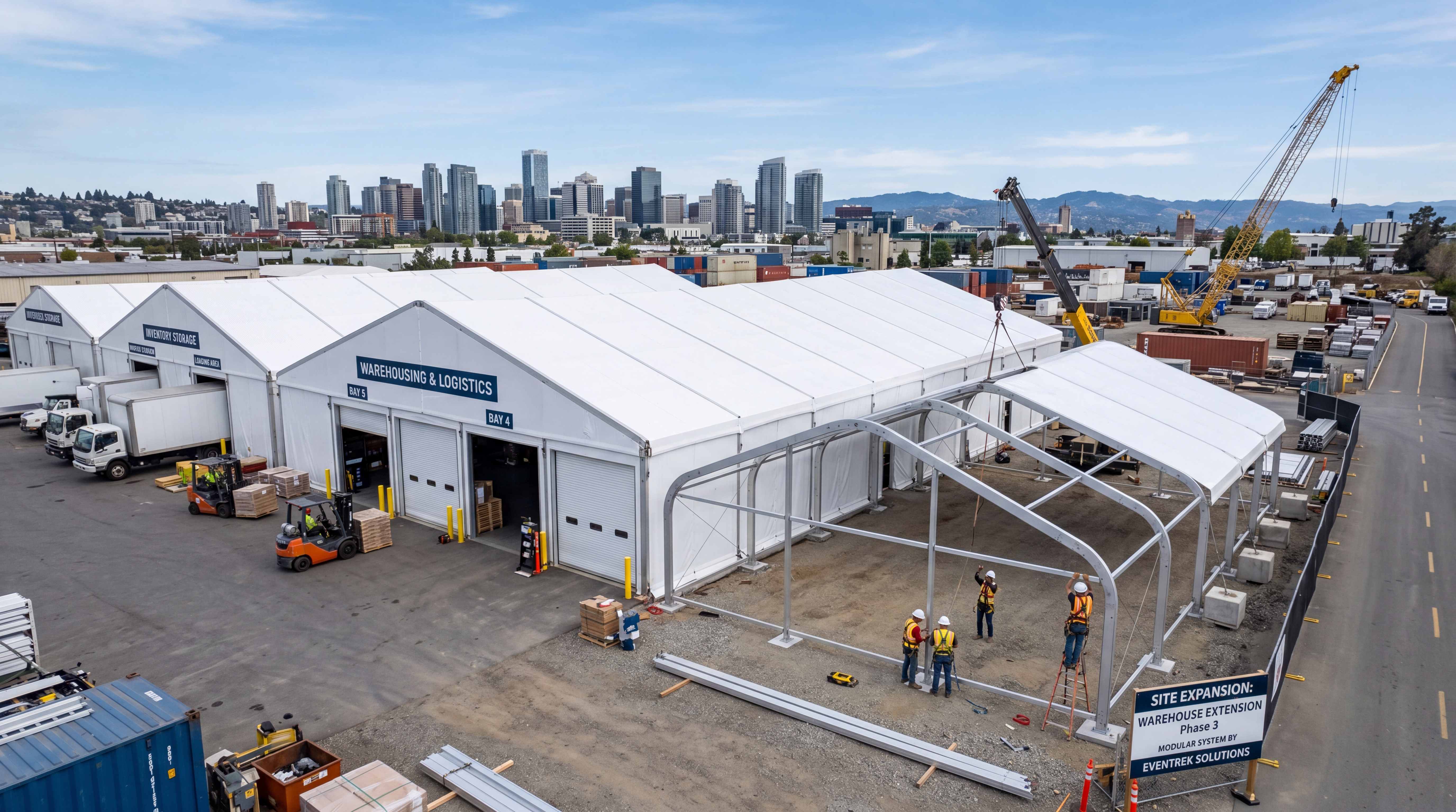 Modular warehouse tent expansion under construction, illustrating how temporary building systems create scalable industrial space faster than permanent builds